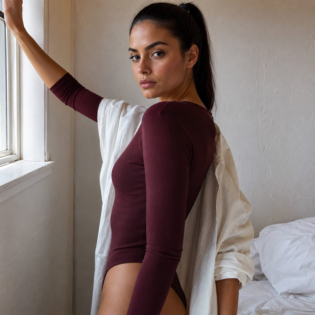 Moor Park long-sleeve base layer bodysuit, Long-Sleeve Base Layers — modelled, side view.