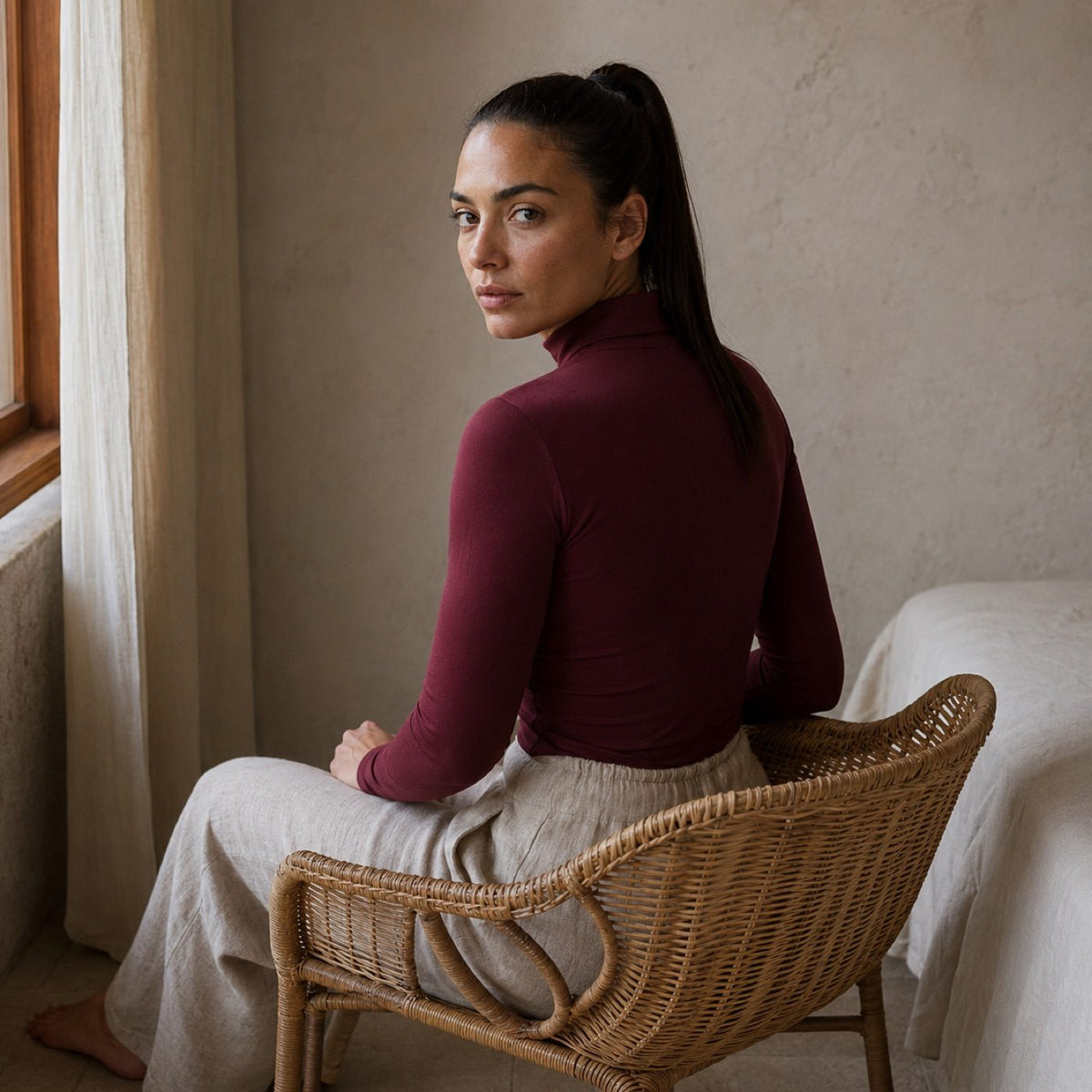 Waverley high-neck long-sleeve base layer, Long-Sleeve Base Layers — on the model.