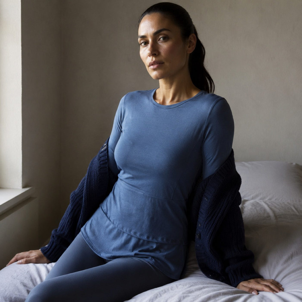 Moor Park crew-neck long-sleeve base layer, Long-Sleeve Base Layers — modelled, side view.