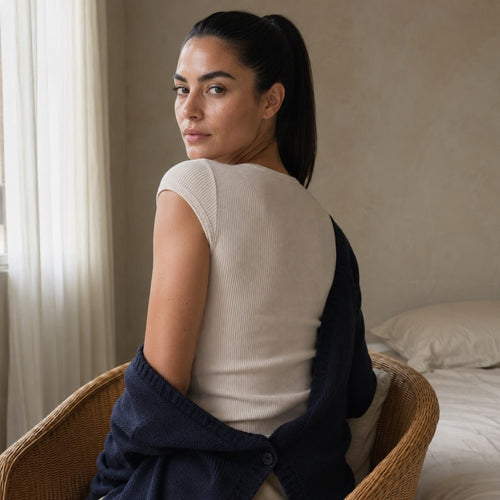 Hale ribbed cap-sleeve top, Rib Body Layers — on the model.