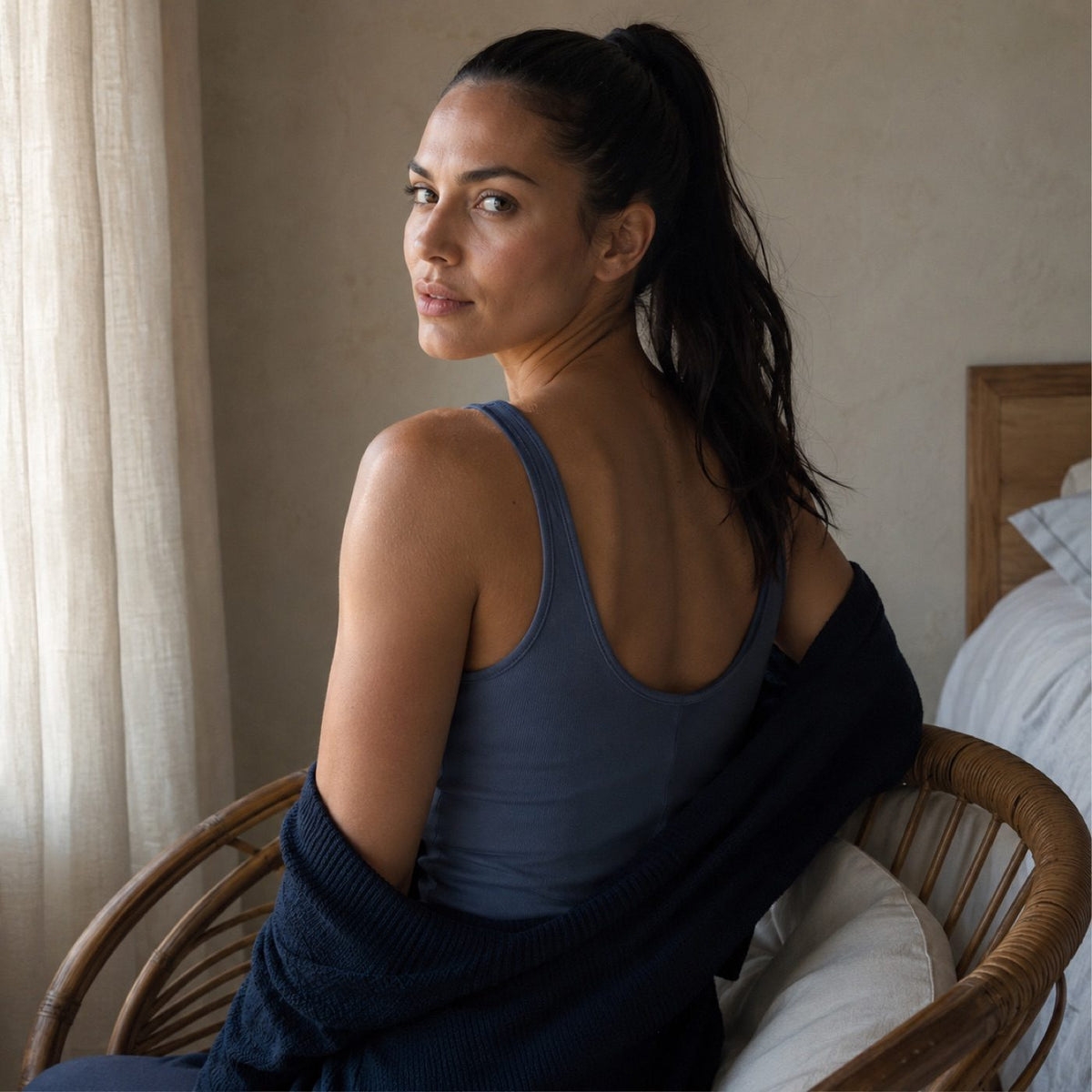 Dockenfield ribbed scoop-back tank, Rib Body Layers — modelled, side view.