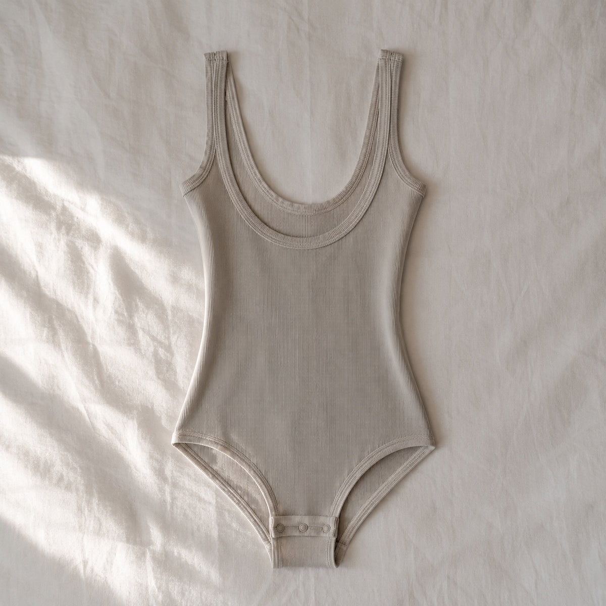 Tilford ribbed scoop-back tank, Rib Body Layers — front view, photographed flat.