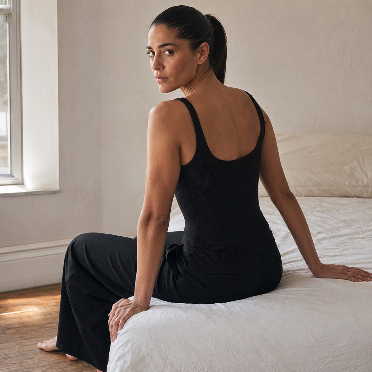 Tilford ribbed scoop-back tank, Rib Body Layers — on the model.