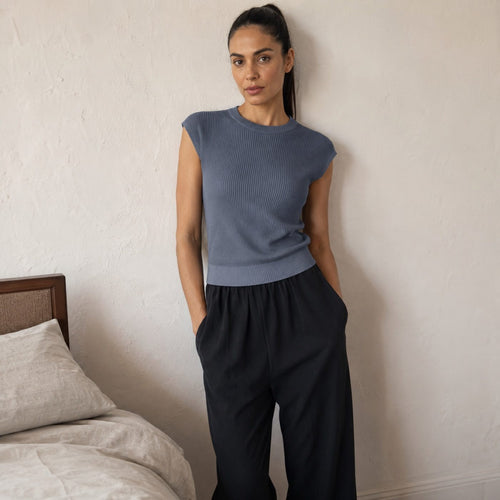 Farnham ribbed cap-sleeve top, Rib Body Layers — on the model.