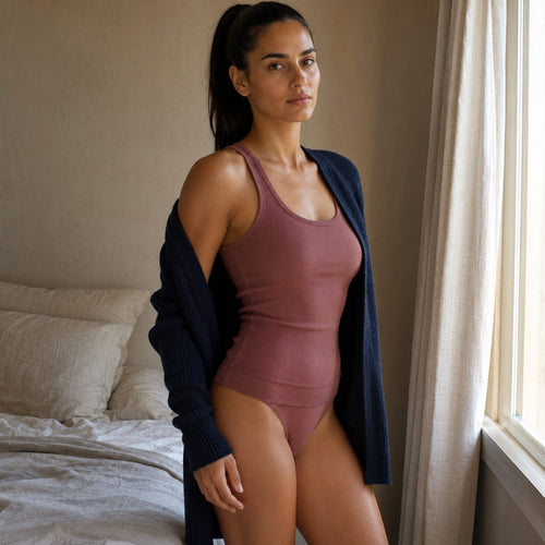 Bourne ribbed scoop-back tank, Rib Body Layers — on the model.
