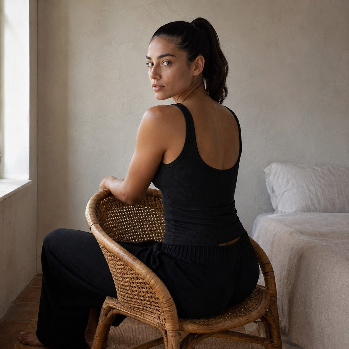 Badshot ribbed scoop-back tank, Rib Body Layers — on the model.