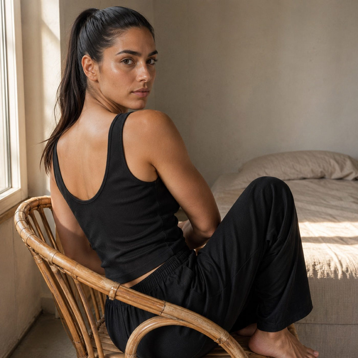 Badshot ribbed scoop-back tank, Rib Body Layers — modelled, side view.