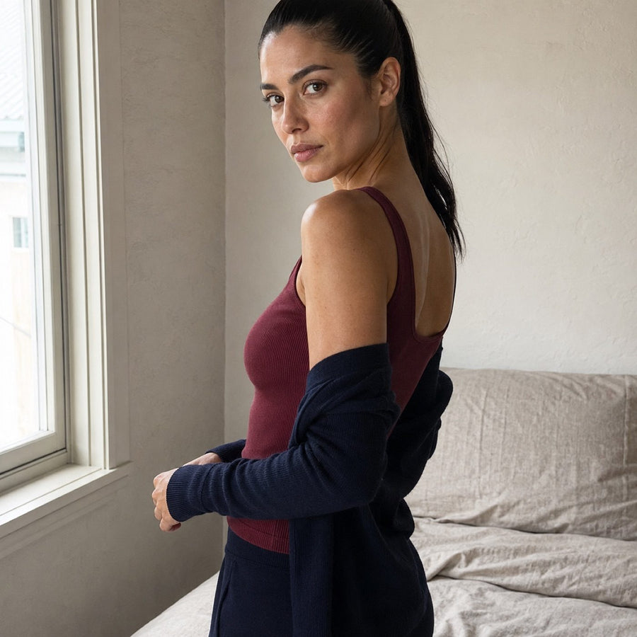 Ewshot ribbed scoop-back tank, Rib Body Layers — on the model.
