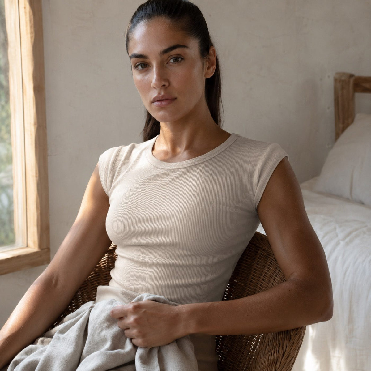 Crondall ribbed cap-sleeve top, Rib Body Layers — on the model.