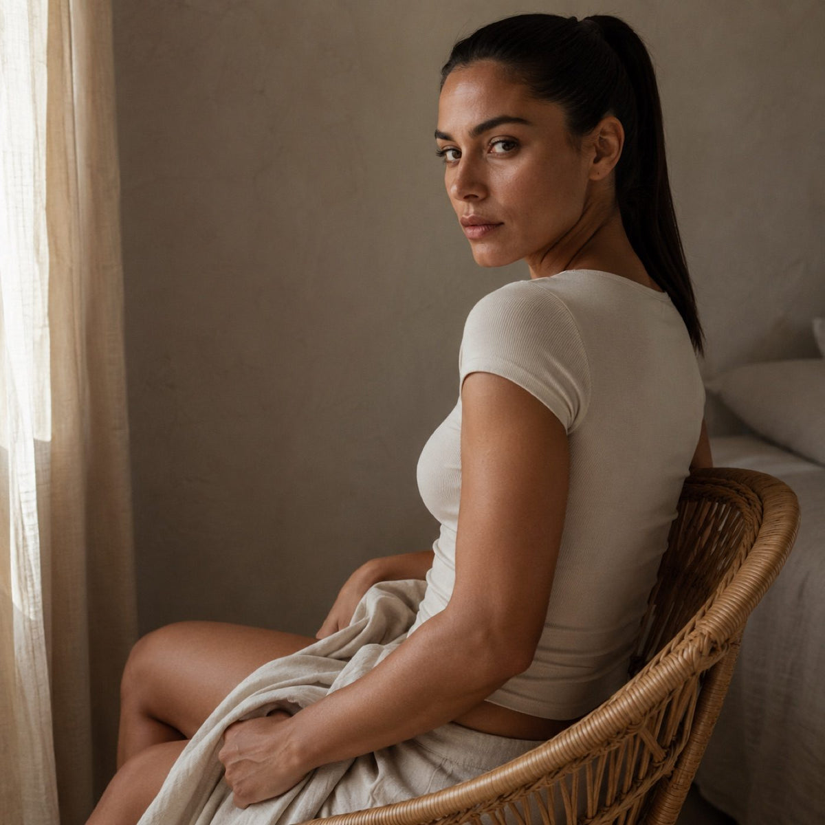 Crondall ribbed cap-sleeve top, Rib Body Layers — modelled, side view.