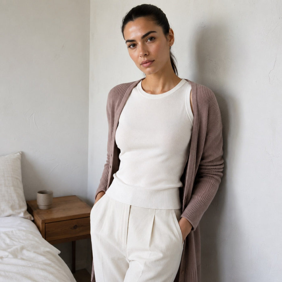 Puttenham ribbed cap-sleeve top, Rib Body Layers — on the model.