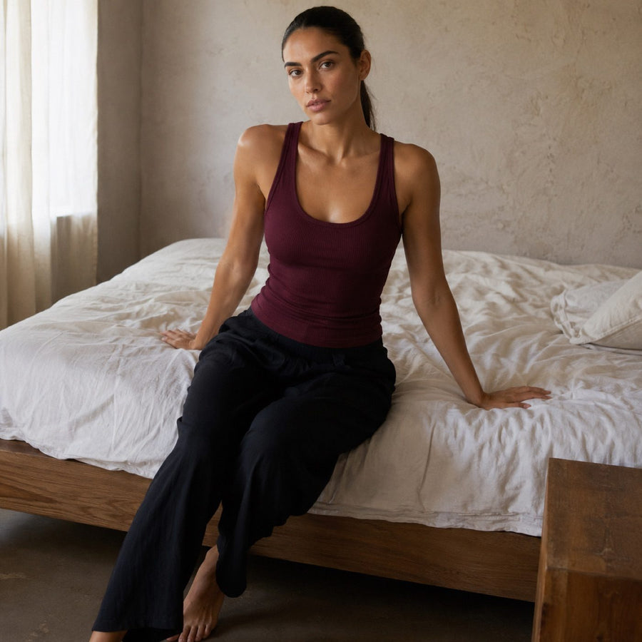 Runfold ribbed scoop-back tank, Rib Body Layers — on the model.