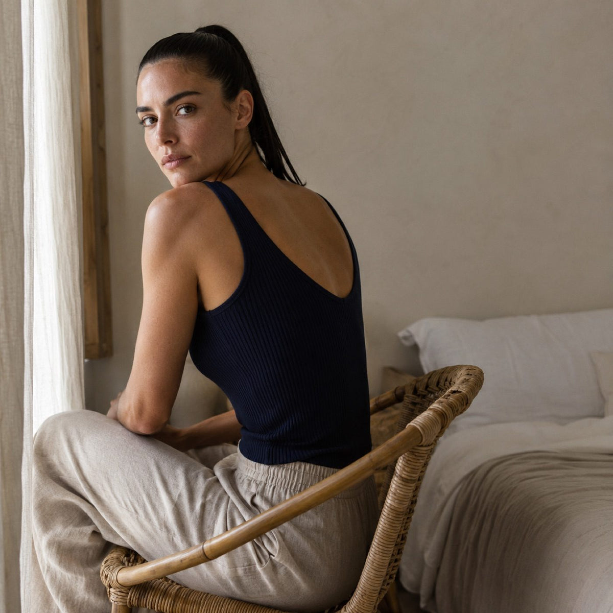 Weydon ribbed scoop-back tank, Rib Body Layers — on the model.