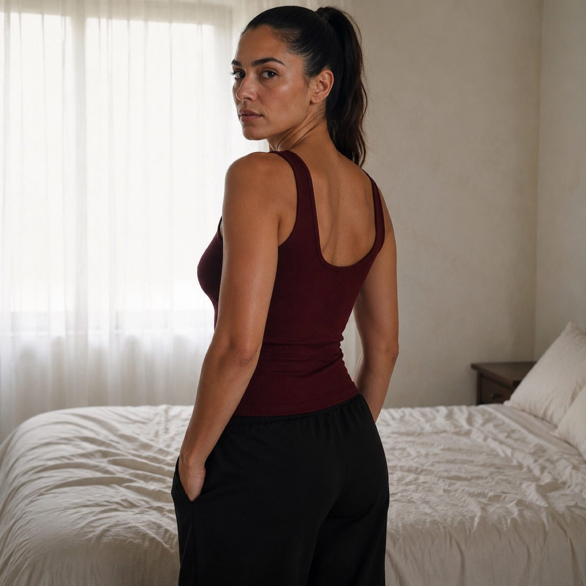 Hale ribbed scoop-back tank, Rib Body Layers — on the model.