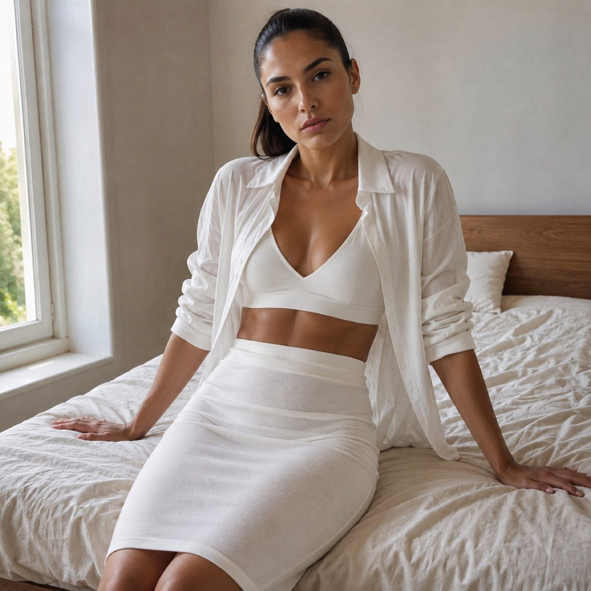 Rowledge seamless knee-length skirt, Seamless Layers — on the model.