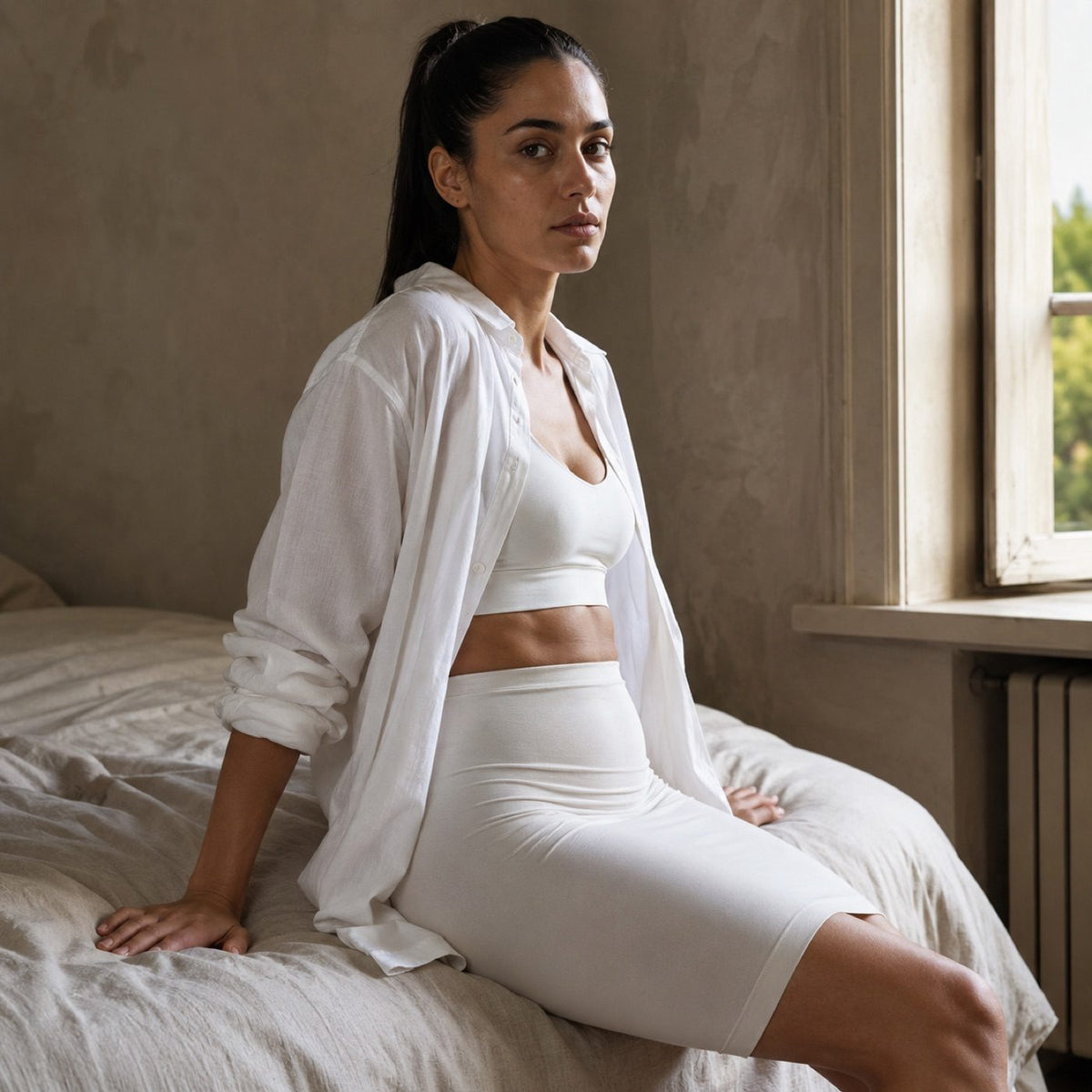 Rowledge seamless knee-length skirt, Seamless Layers — modelled, side view.