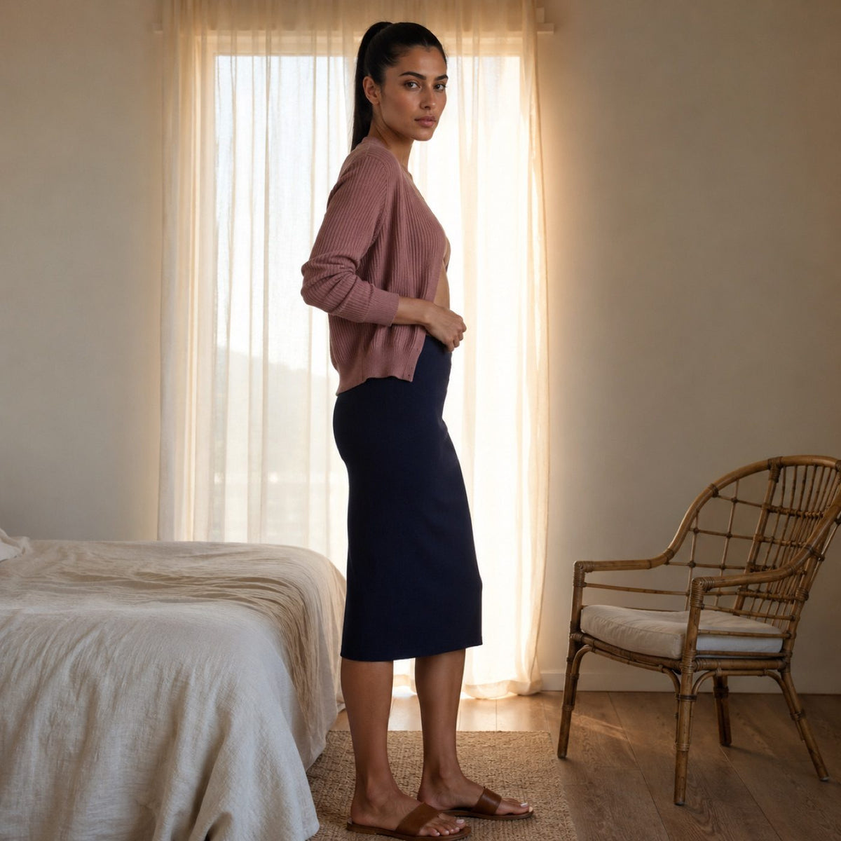 Ewshot seamless knee-length skirt, Seamless Layers — modelled, side view.