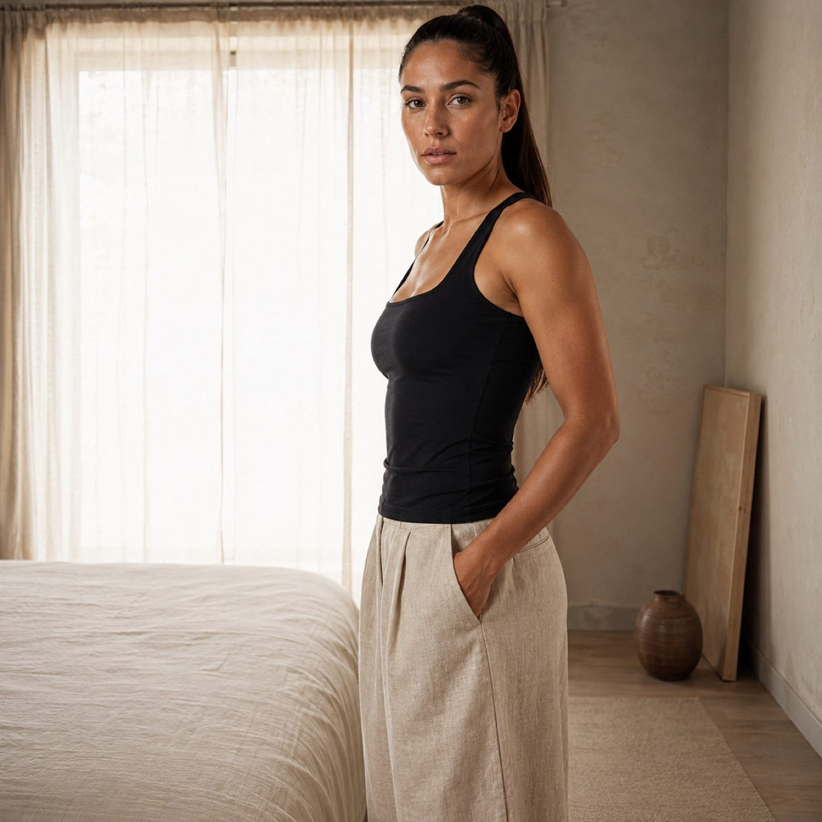 Frensham square-neck sculpt tank, Sculpt Tanks — on the model.