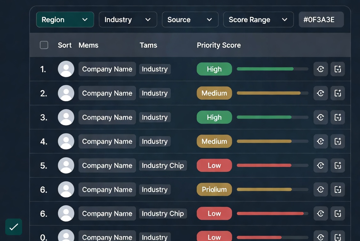 Priority-sorted lead table with scores and tags